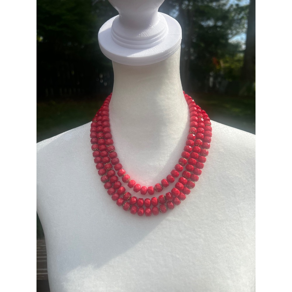 Vtg Germany Signed Red Bead 3 Strand Tiered Necklace Mid Century MCM Retro